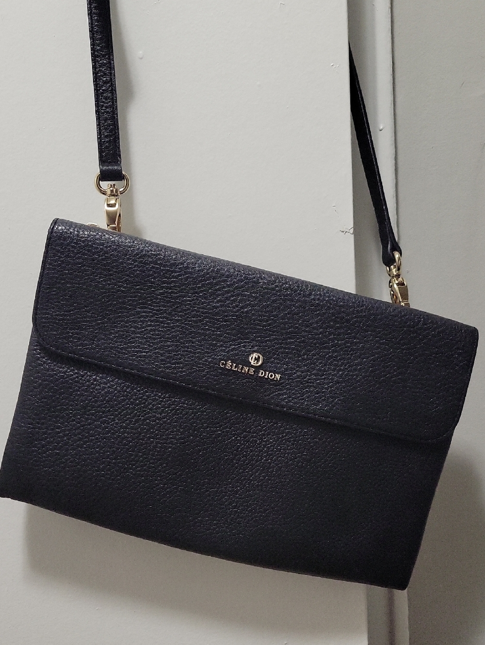 Céline Dion Black Pebbled Leather Crossbody Bag with Gold Hardware